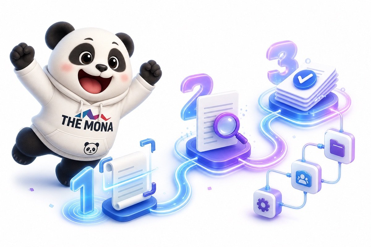 Infographic mô tả quy trình tự động hóa AI phân tích hợp đồng của MONA, giúp chủ doanh nghiệp kiểm soát rủi ro.
