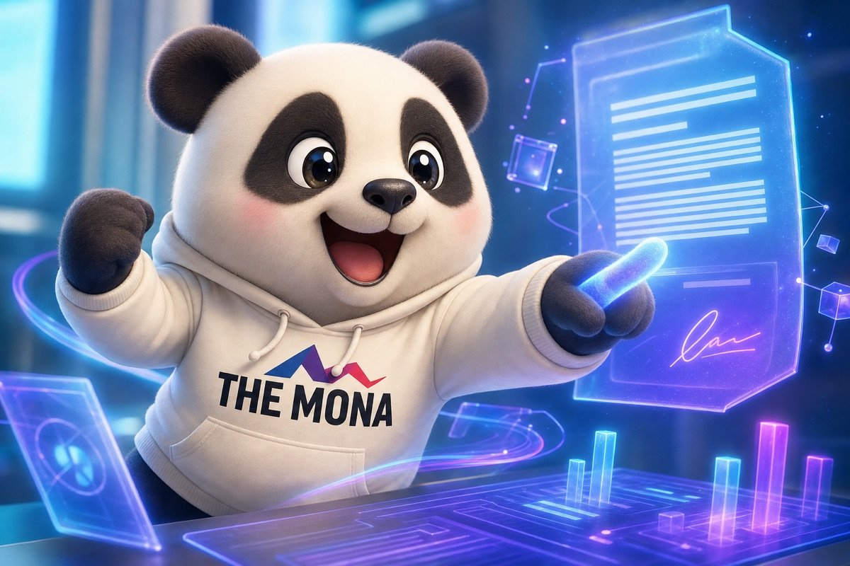 Gấu MONA biểu cảm hài lòng khi thấy phần mềm AI phân tích hợp đồng giúp kiểm soát rủi ro hiệu quả.