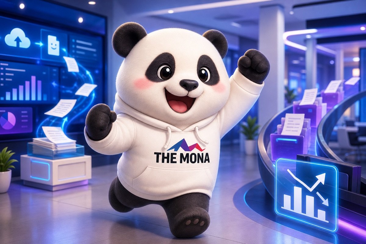 Gấu MONA trong văn phòng chuỗi bán lẻ hiện đại, minh họa việc tiết kiệm chi phí nhờ tự động hóa hợp đồng bằng AI.