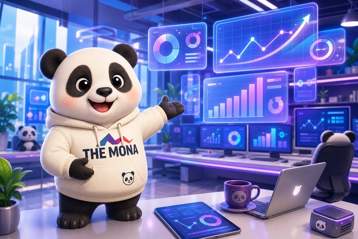 Gấu panda tự tin, cười tươi rực rỡ mời gọi giữa văn phòng hiện đại với màn hình hiển thị AI quảng cáo Google Facebook.