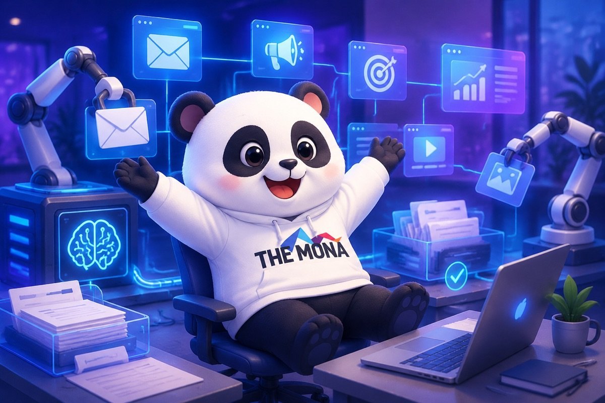 Gấu trúc vui mừng, nhẹ nhõm di chuyển trong không gian làm việc tự động hóa, nơi AI tối ưu marketing nội thất đã giải phóng nhân sự khỏi các tác vụ lặp lại.