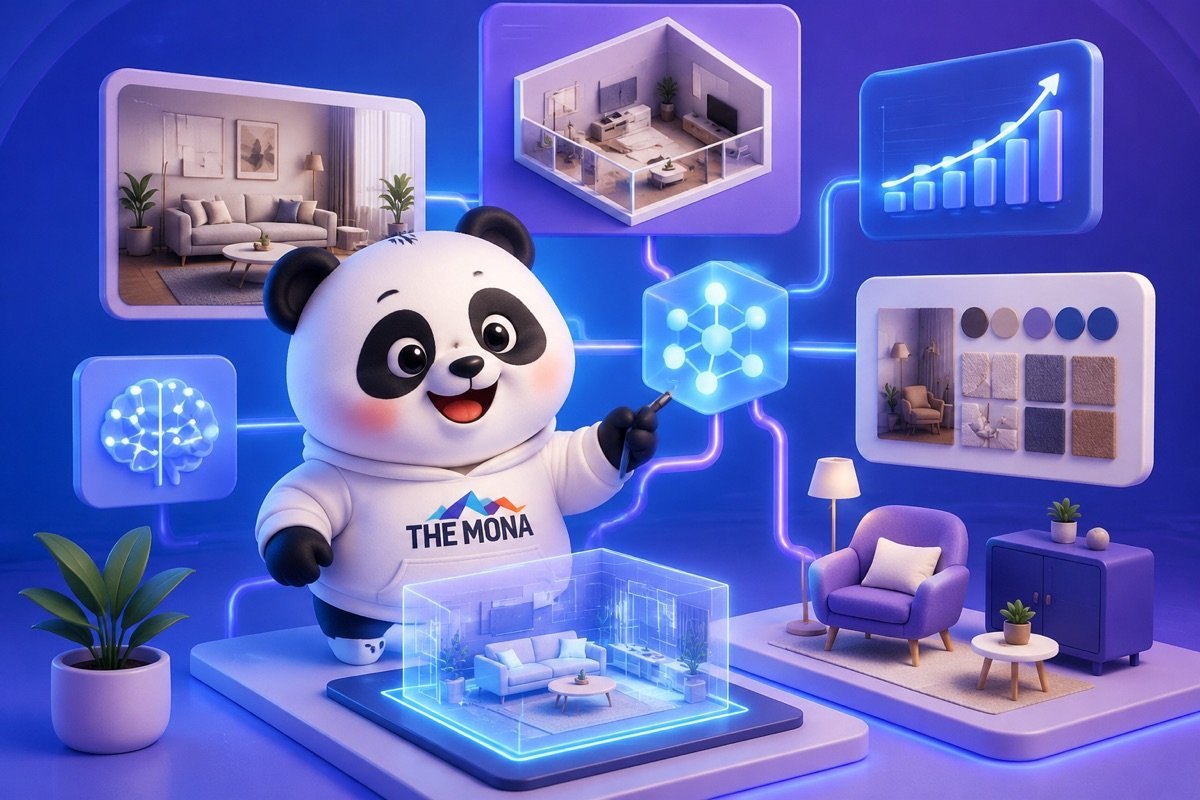 Infographic thể hiện các mô-đun AI Agent tùy chỉnh của MONA, tích hợp sâu vào quy trình marketing nội thất, không phải công cụ chung chung.