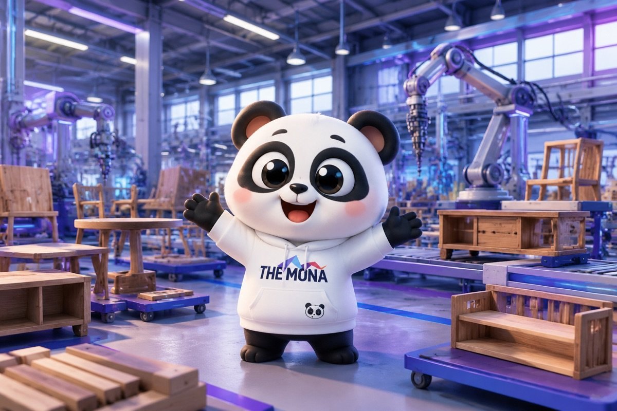 Gấu trúc tự tin, tươi cười rạng rỡ chào đón, giữa nhà máy sản xuất nội thất hiện đại, thể hiện AI tối ưu marketing nội thất.