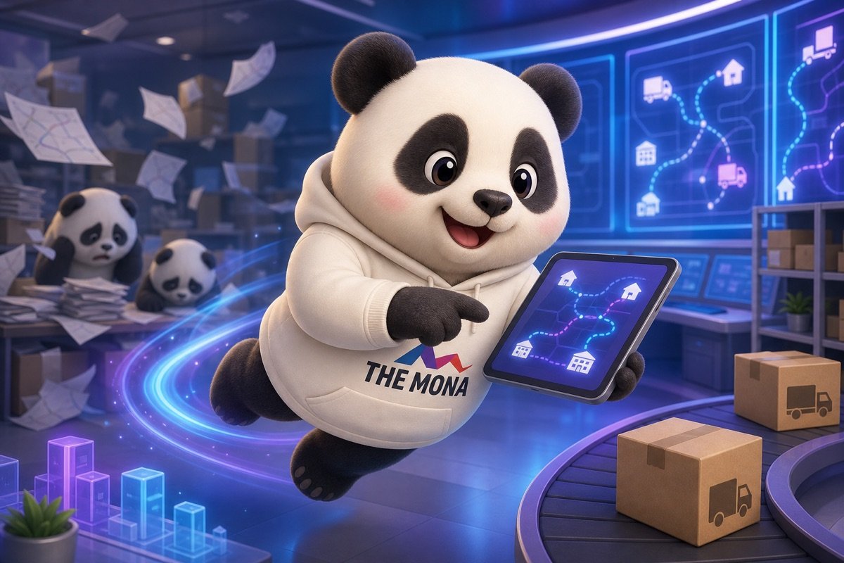 Chú gấu trúc vui vẻ di chuyển trong phòng điều phối hiện đại, minh họa hiệu quả khi áp dụng AI trong logistics thay vì quá tải.