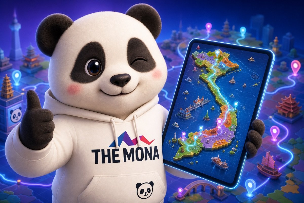 Gấu trúc hài lòng với phần mềm MONA Software, hiển thị lộ trình tối ưu trên bản đồ 63 tỉnh thành, thể hiện hiệu quả của AI trong logistics.