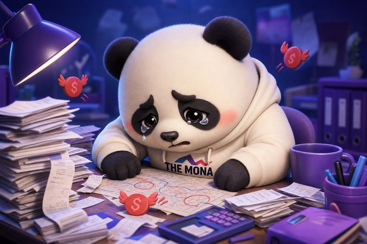 Chú gấu trúc buồn rũ rượi, lo lắng trước đống hóa đơn và bản đồ lộ trình kém hiệu quả, thể hiện nỗi đau mất kiểm soát chi phí trong logistics.