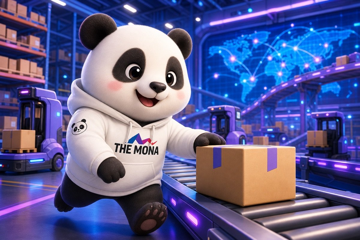 Chú gấu trúc tự tin chào đón trong nhà kho logistics hiện đại, minh họa ứng dụng AI trong logistics.