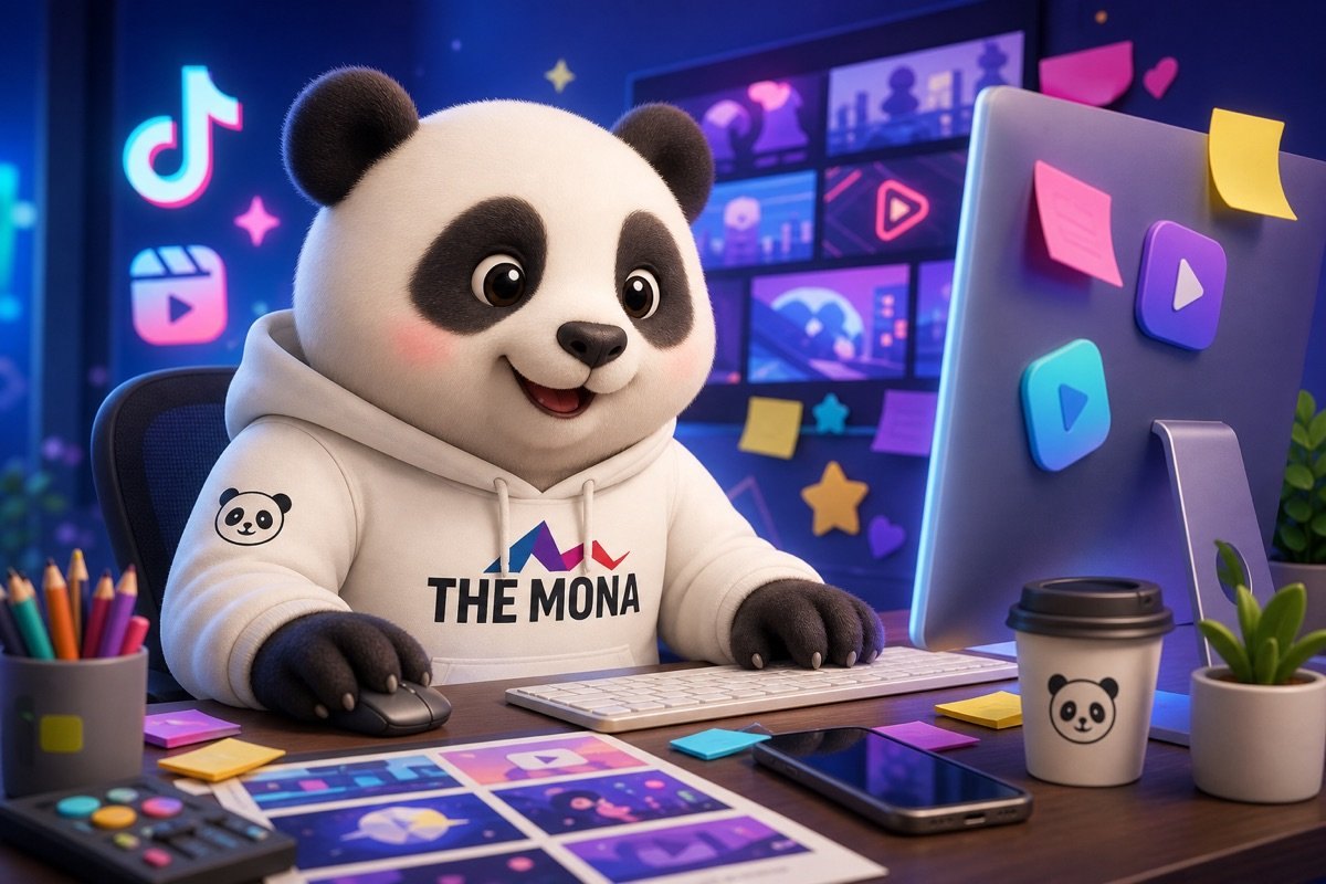 AI viết kịch bản cho TikTok và Reels, gấu panda vui mừng khi làm việc