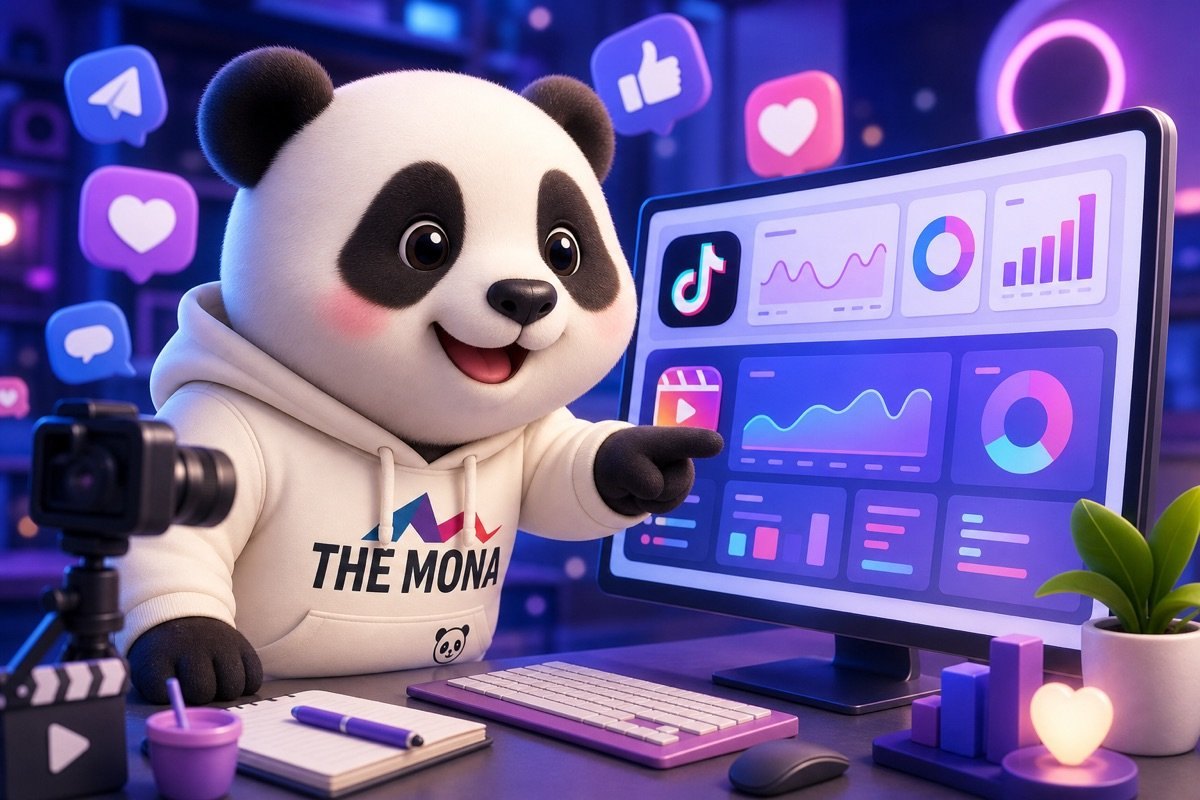 AI viết kịch bản cho TikTok và Reels, gấu panda hào hứng chỉ vào màn hình