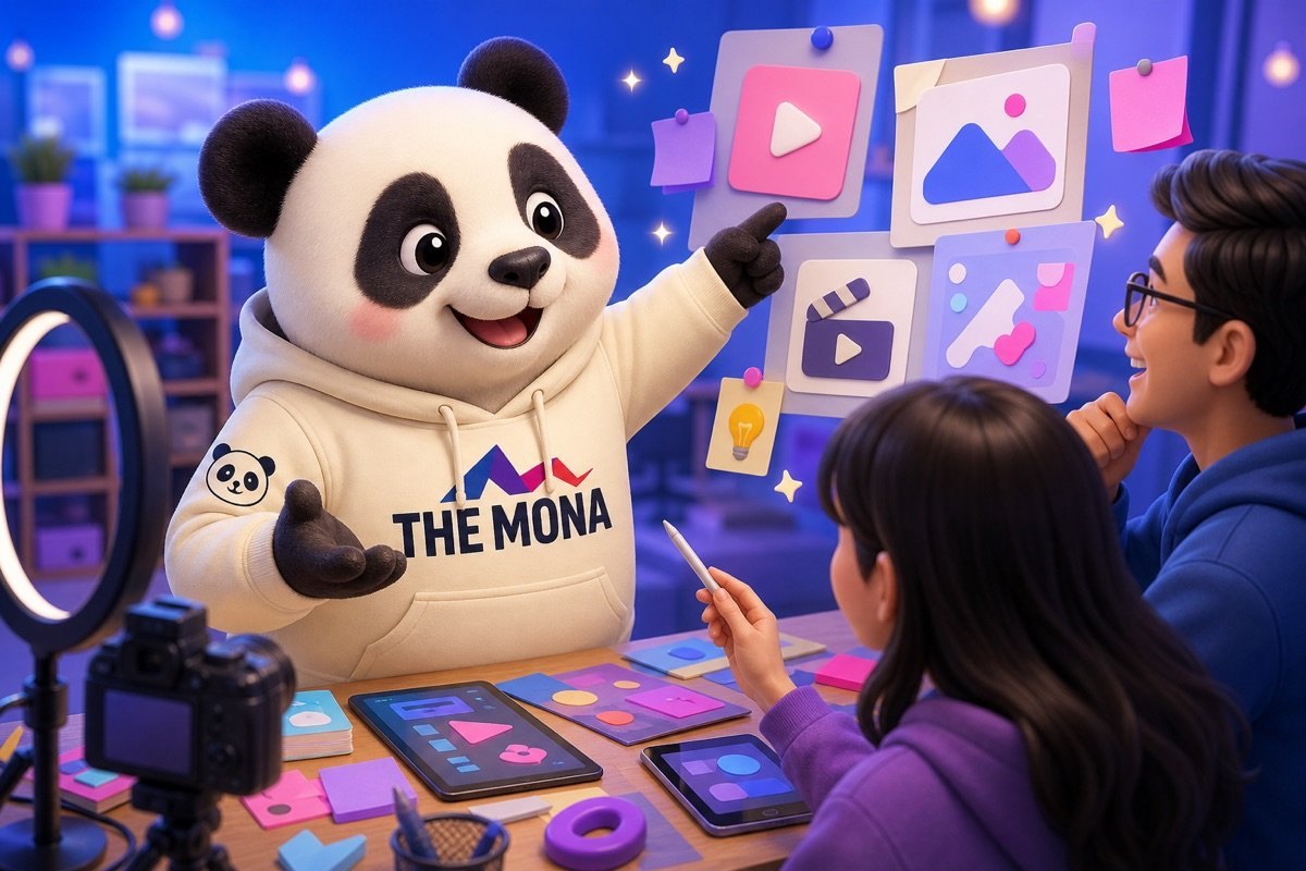 AI viết kịch bản cho TikTok và Reels, gấu panda kết hợp với đội ngũ sáng tạo