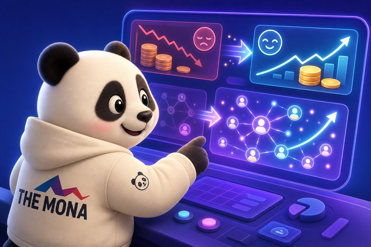 Gấu panda vui vẻ nhìn màn hình hiển thị hiệu quả cao của tự động hóa marketing B2B.