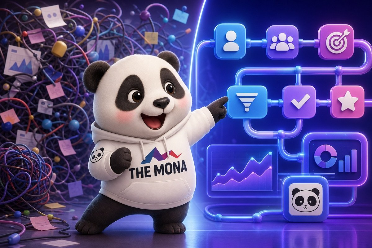Gấu panda hào hứng chỉ vào sự khác biệt trước và sau khi áp dụng tự động hóa marketing B2B hiệu quả.