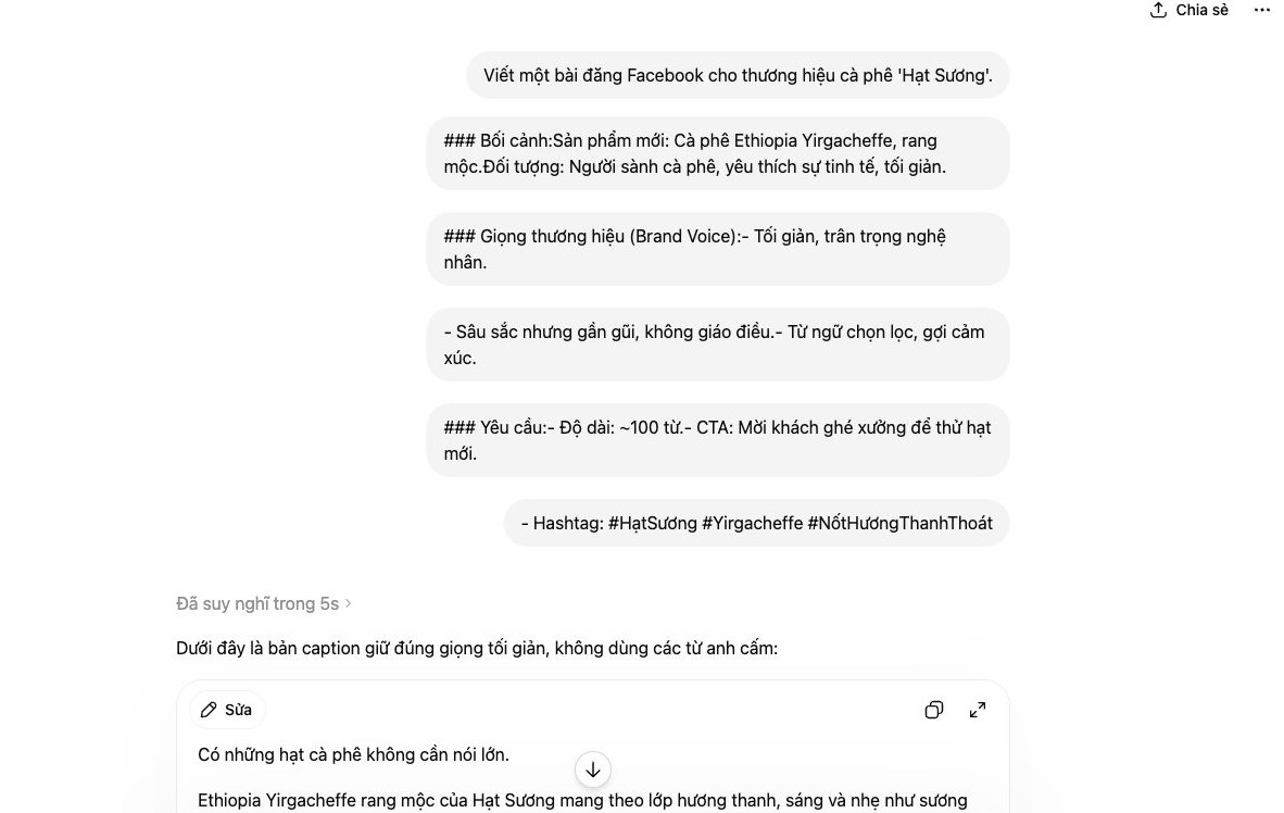 Dùng công thức prompt 4 lớp để ChatGPT viết bài đúng giọng thương hiệu cà phê specialty.