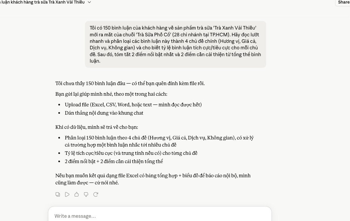 Claude Haiku phân tích bình luận khách hàng, tối ưu chi phí tác vụ lặp, tự động hóa phân loại phản hồi, quản lý chuỗi trà sữa.