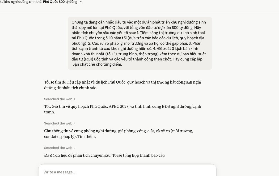 Claude Opus phân tích dự án đầu tư, chiến lược kinh doanh, đánh giá rủi ro, dự báo hiệu suất đầu tư, hỗ trợ quyết định chiến lược.
