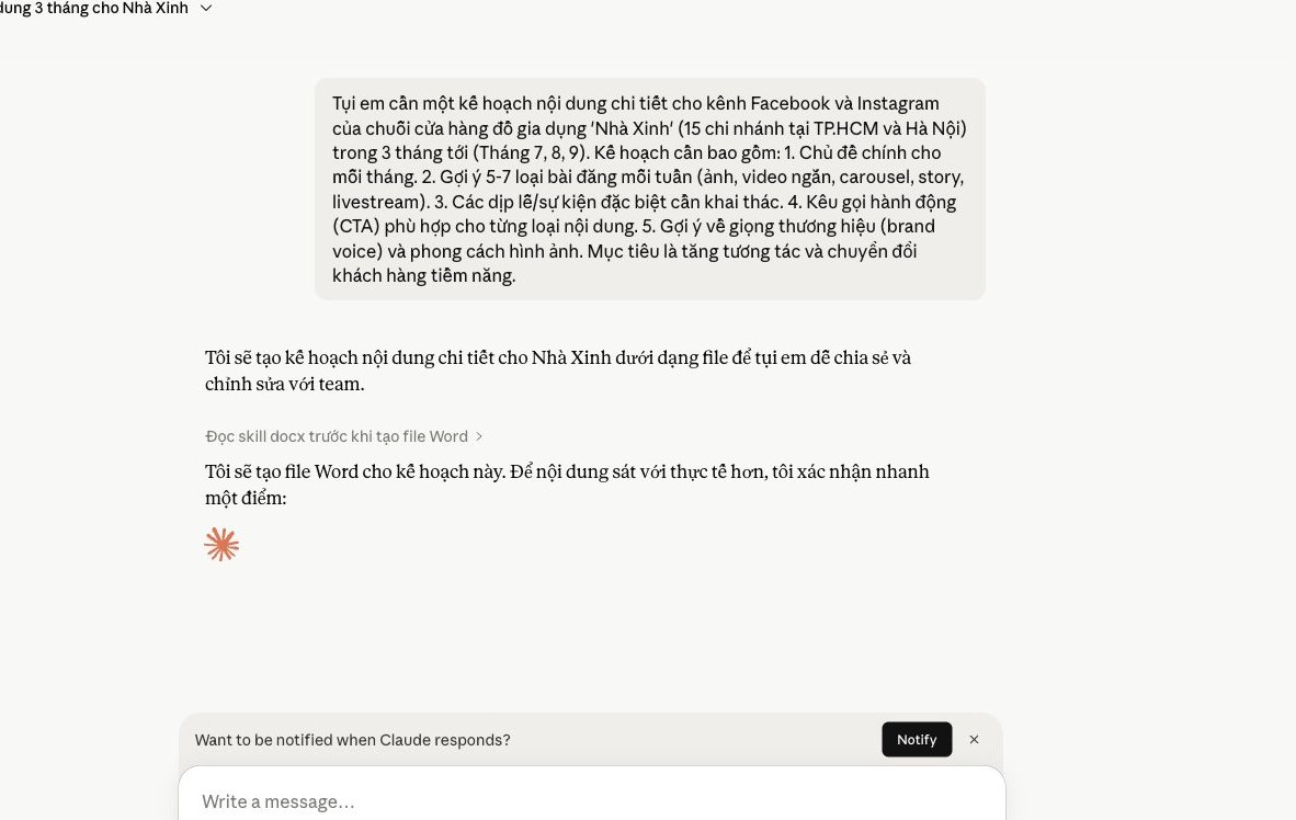 Claude tạo kế hoạch nội dung Facebook Instagram, tự động hóa marketing, quản lý chuỗi đồ gia dụng, vượt ngoài công cụ AI đơn lẻ.