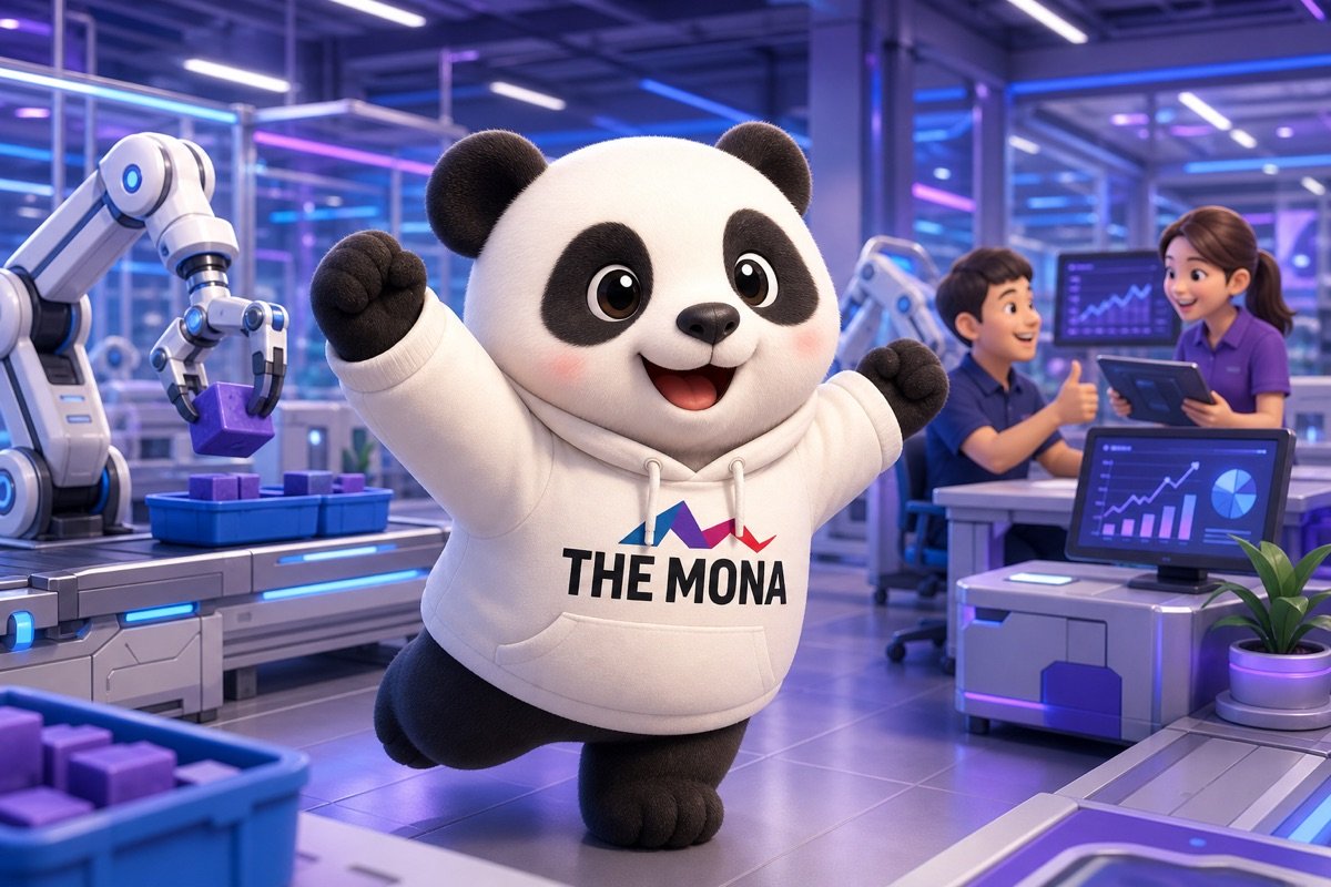 Chú gấu MONA vui vẻ trên sàn nhà máy hiệu quả, minh họa báo cáo BI tự động hóa giúp giải quyết nỗi đau lương cao output thấp.