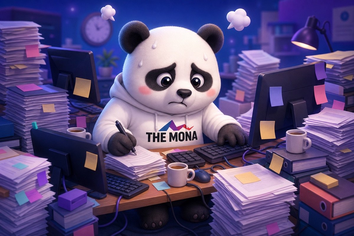 Chú gấu MONA buồn bã, mệt mỏi với đống báo cáo thủ công, thể hiện nỗi đau lương cao output thấp.