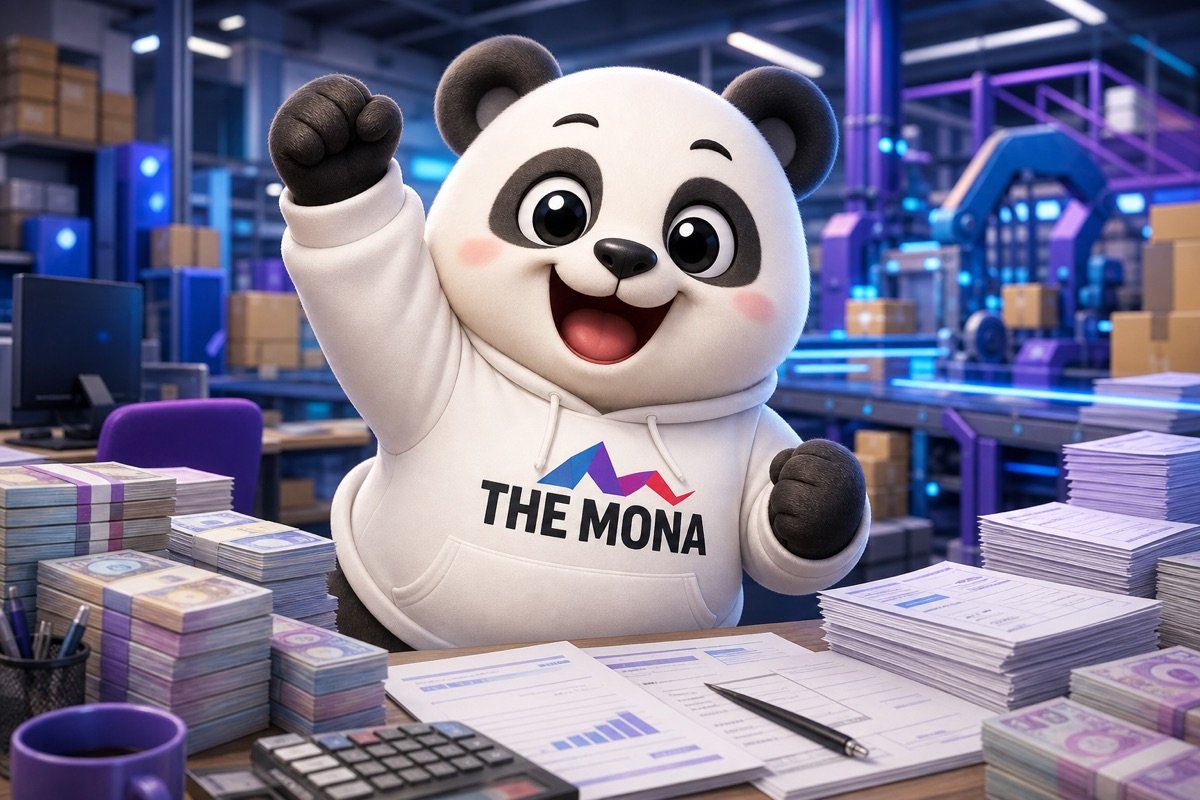 Chú gấu panda mệt mỏi bên bàn làm việc, thể hiện nỗi lo tiền vốn bị chôn vùi trong hàng tồn kho dù máy móc đang chạy hết công suất.
