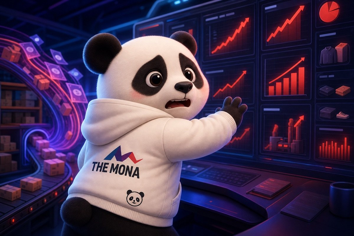 Góc nhìn qua vai chú gấu panda lo lắng nhìn màn hình hiển thị chi phí tồn kho tăng vọt, minh họa nỗi đau tiền chảy ra do lập kế hoạch sản xuất kém.
