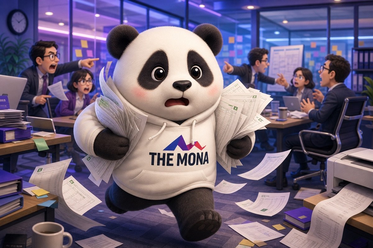 Chú gấu panda bối rối di chuyển giữa đống file Excel và cuộc họp căng thẳng, minh họa quy trình lập kế hoạch sản xuất dựa vào cảm tính và dữ liệu phân mảnh.