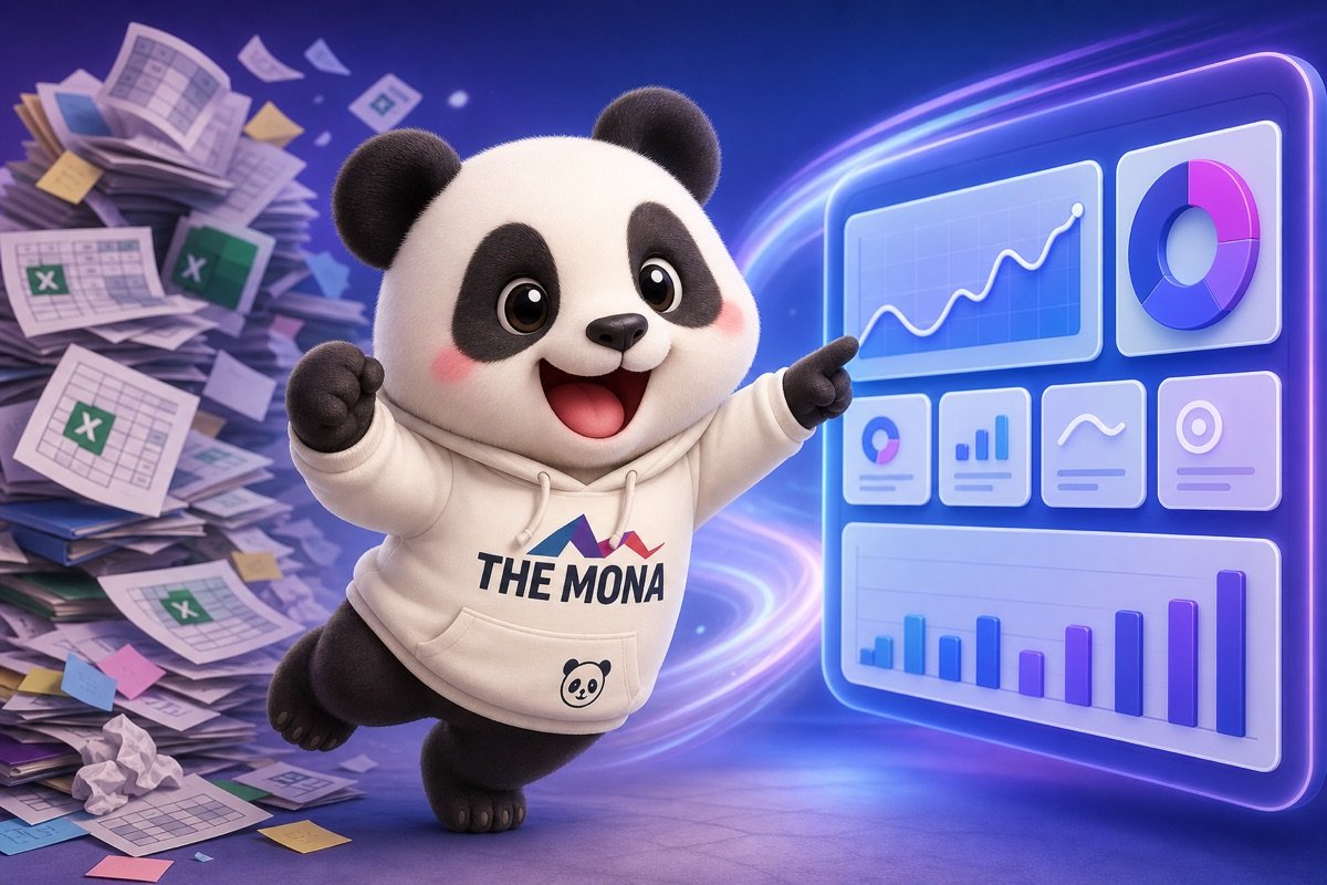 Chú gấu panda hào hứng chỉ vào bảng điều khiển số liệu rõ ràng, đối lập với đống file Excel lộn xộn, thể hiện sự chuyển đổi trong lập kế hoạch sản xuất.