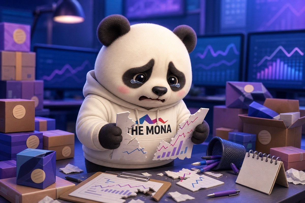 Chú gấu panda thất vọng nhìn báo cáo dự báo AI sai lệch, xung quanh là hàng tồn kho quá hạn, thể hiện nỗi đau khi AI thử nghiệm không hiệu quả trong lập kế hoạch sản xuất.