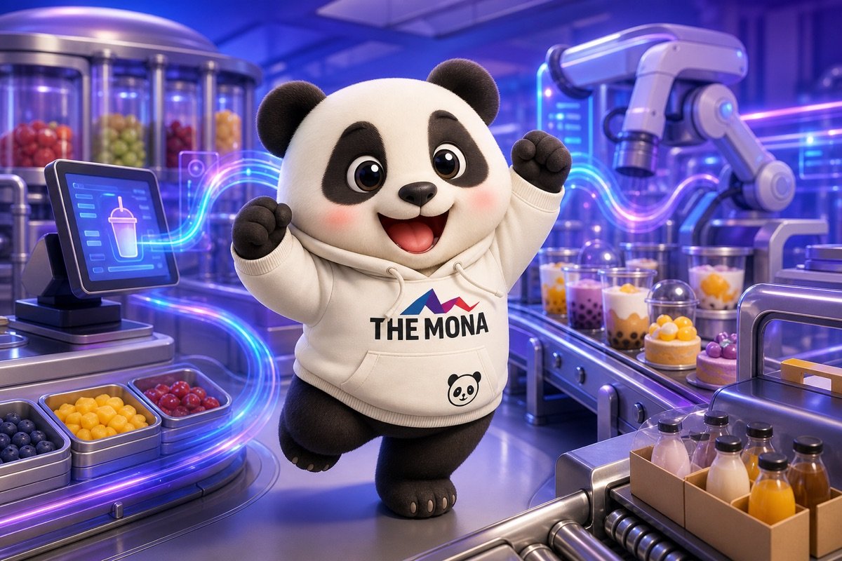 Chú gấu panda nhỏ bé tự tin trong nhà máy F&B hiện đại, thể hiện khả năng kiểm soát và tối ưu hóa lập kế hoạch sản xuất nhờ hệ thống tự động hóa.