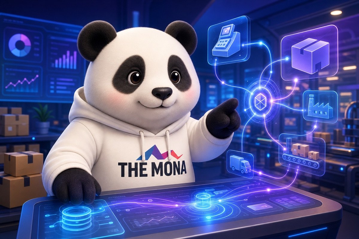 Chú gấu panda tập trung cao độ tại màn hình hiển thị dữ liệu liên kết, minh họa việc giành lại quyền kiểm soát trong lập kế hoạch sản xuất và quản lý chuỗi cung ứng.