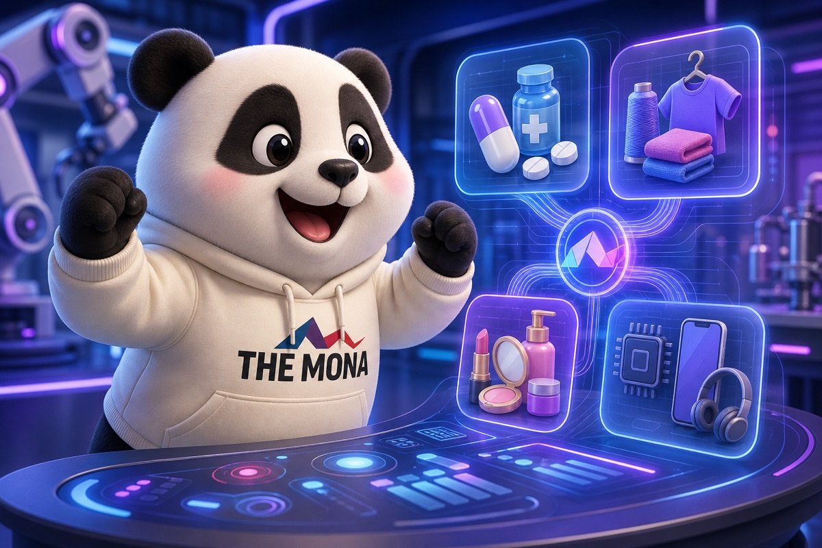 Góc nhìn qua vai chú gấu panda vui vẻ nhìn màn hình hiển thị các biểu tượng ngành nghề khác nhau, minh họa tính linh hoạt của giải pháp lập kế hoạch sản xuất của MONA.