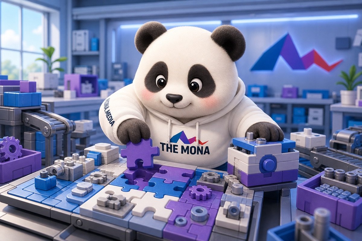 Chú gấu panda quyết tâm ghép nối các mô-đun khác nhau, tượng trưng cho khả năng mở rộng và tùy chỉnh hệ thống lập kế hoạch sản xuất của MONA cho nhiều ngành.