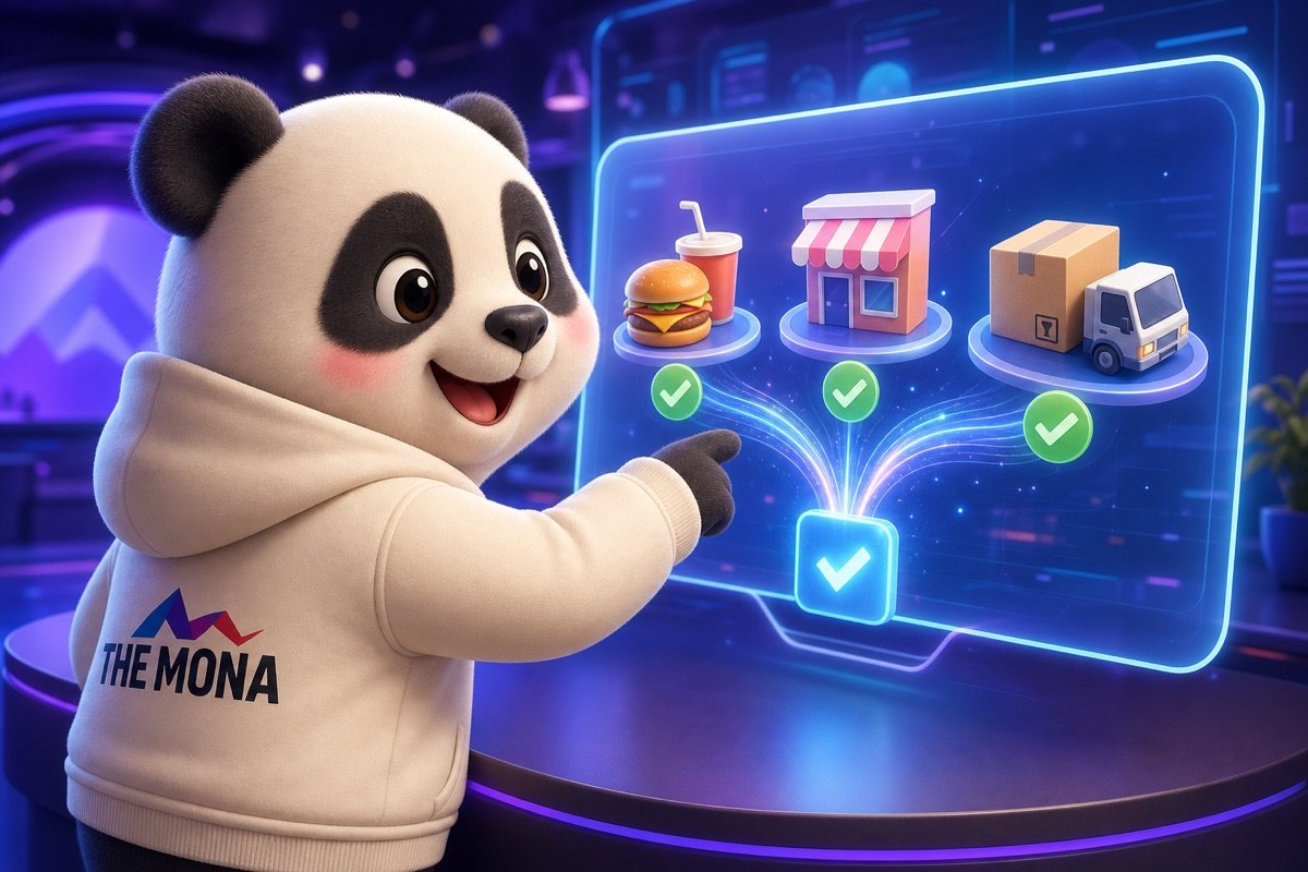 Gấu trúc vui mừng nhìn màn hình hiển thị ứng dụng quản lý công nợ B2B tự động hóa cho nhiều ngành nghề khác nhau.