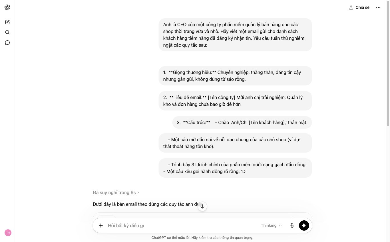 Dùng công thức prompt 4 lớp để ChatGPT viết email marketing đúng giọng thương hiệu.