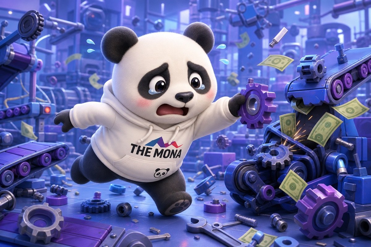 Chú gấu MONA buồn rầu chạy khắp nhà máy, lo lắng vì hệ thống tự động hóa giá rẻ chắp vá gây gián đoạn.