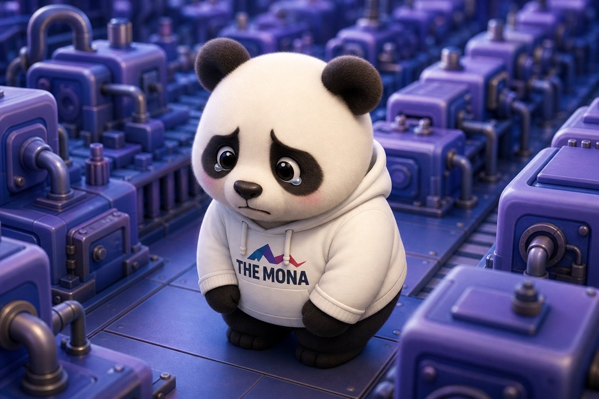 Chú gấu MONA buồn bã giữa nhà máy, cảm thấy phần mềm tự động hóa giá rẻ cứng nhắc trói buộc.