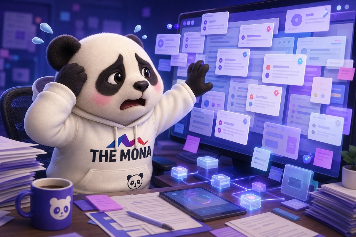 Chú gấu MONA lo lắng nhìn màn hình đầy giấy tờ, tự động hóa giá rẻ không giảm bớt quan liêu.