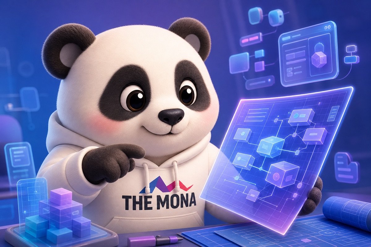 Chú gấu MONA nhẹ nhõm nhìn bản thiết kế phần mềm tự động hóa tùy chỉnh, không còn bối rối vì tự động hóa giá rẻ.