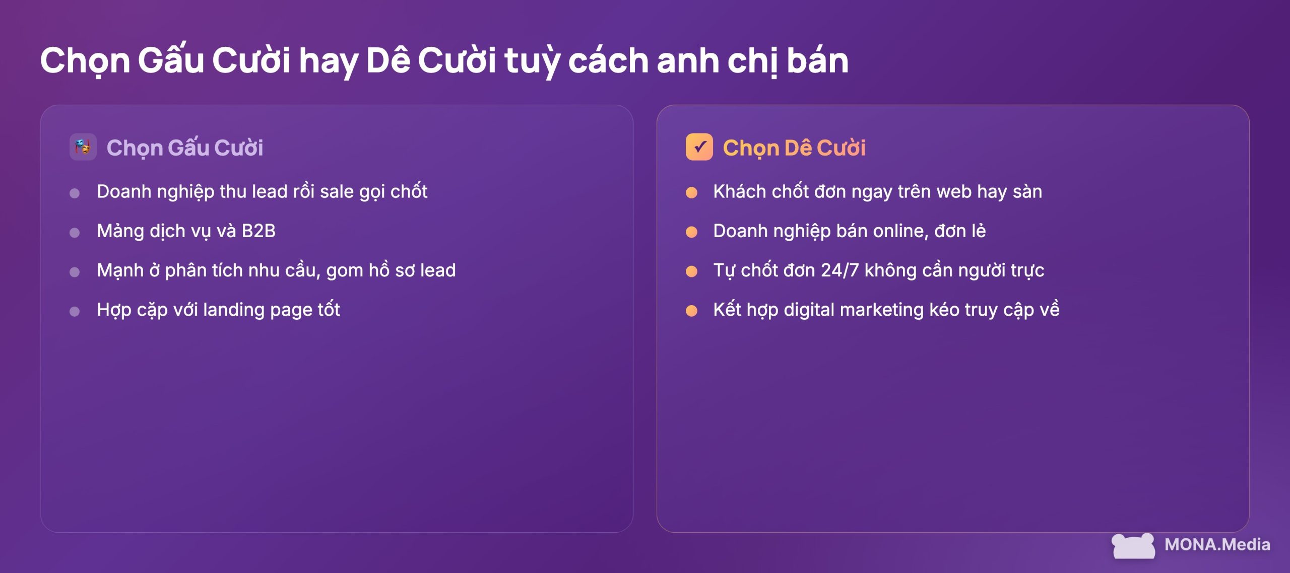 Phần mềm chatbot bán hàng nào hợp doanh nghiệp: thu lead dịch vụ B2B chọn Gấu Cười, bán online chọn Dê Cười