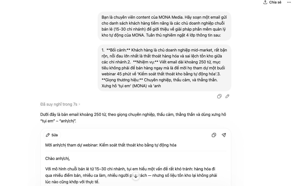 Sử dụng công thức prompt 4 lớp để hướng dẫn ChatGPT viết nội dung đúng giọng thương hiệu cho doanh nghiệp.