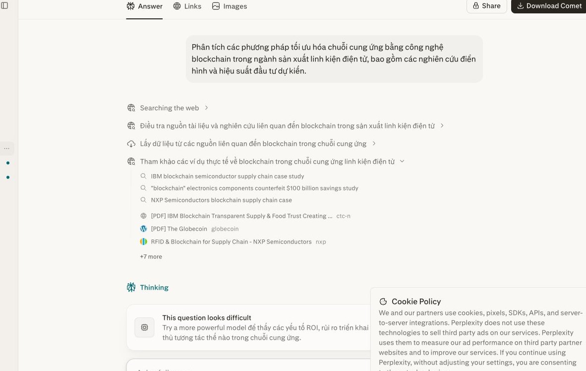 Màn hình Perplexity hiển thị phân tích tối ưu hóa chuỗi cung ứng bằng blockchain với các nguồn học thuật
