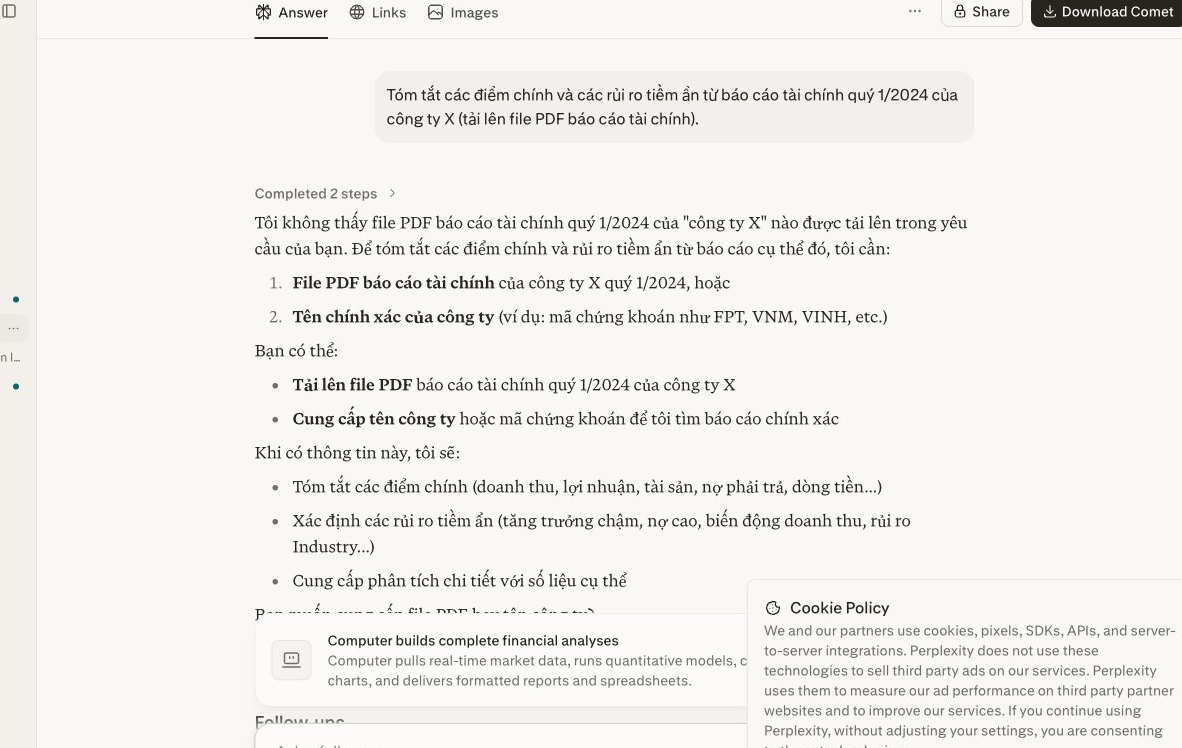 Màn hình Perplexity tóm tắt báo cáo tài chính từ file PDF, nêu bật các điểm chính và rủi ro