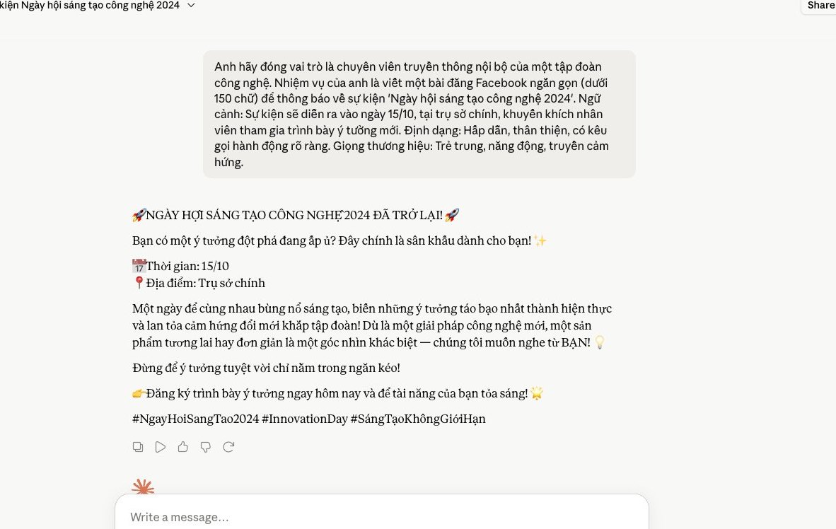 Màn hình Claude tạo bài đăng Facebook thông báo sự kiện nội bộ, minh họa công thức prompt 4 lớp giúp bám sát giọng thương hiệu.
