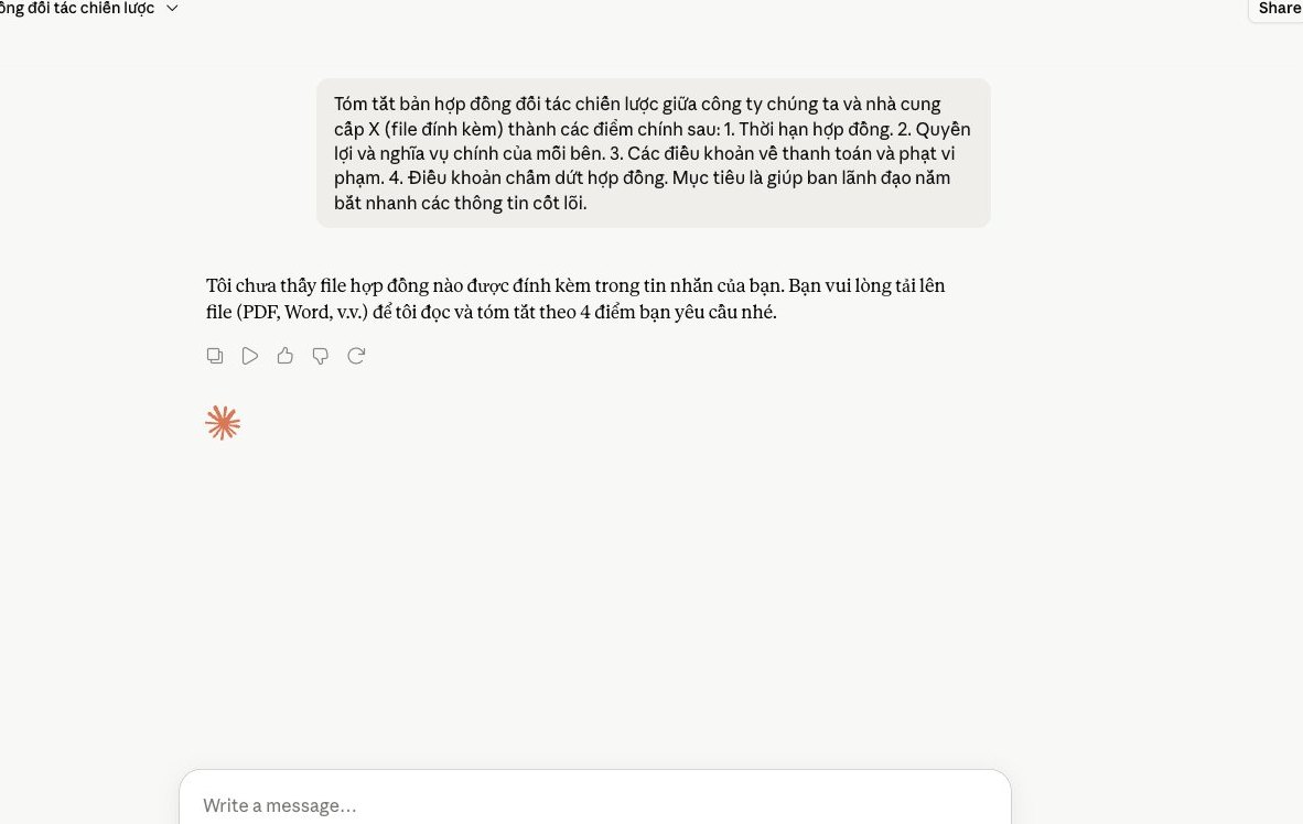 Màn hình Claude tóm tắt hợp đồng đối tác từ file PDF, minh họa cách tận dụng tài liệu nội bộ để tiết kiệm thời gian.