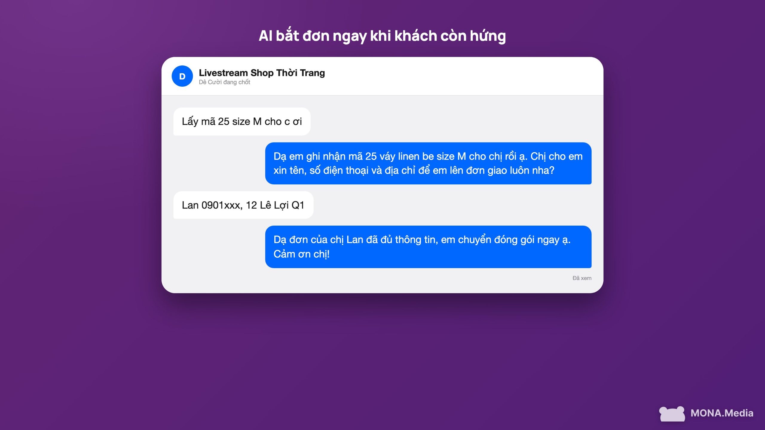 Khách comment mã sản phẩm là AI lên đơn ngay tại chỗ trong phiên livestream
