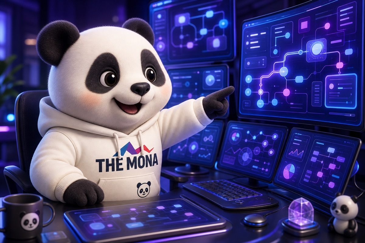 Gấu MONA nhẹ nhõm khi hiểu rõ lầm tưởng về chatbot AI cho doanh nghiệp B2B, ngồi trước màn hình hiển thị quy trình phức tạp.
