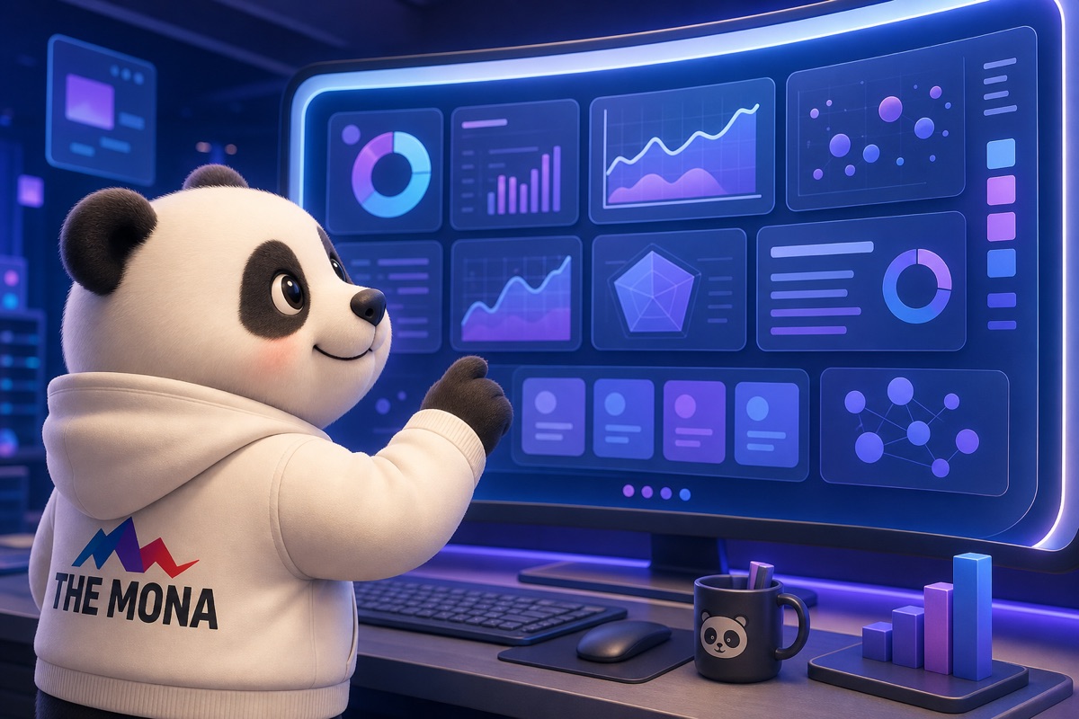 Góc nhìn qua vai gấu MONA đang vui vẻ xem bảng điều khiển rõ ràng, giúp gỡ rối thông tin về chatbot AI cho doanh nghiệp B2B.