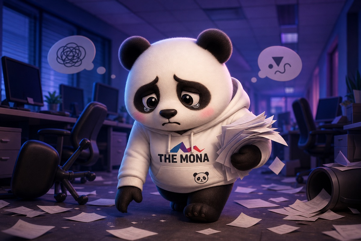 Chú gấu MONA buồn bã, rũ rượi bước đi giữa văn phòng vắng, tiền lãng phí vì chatbot AI cho doanh nghiệp B2B không hiệu quả.