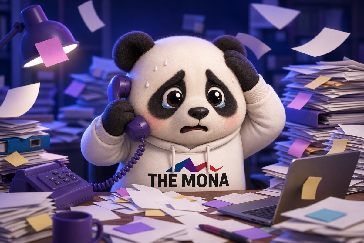 Chú gấu MONA căng thẳng, rũ rượi ngồi giữa bàn làm việc chất đống giấy tờ, thể hiện nỗi đau bộ máy cồng kềnh.