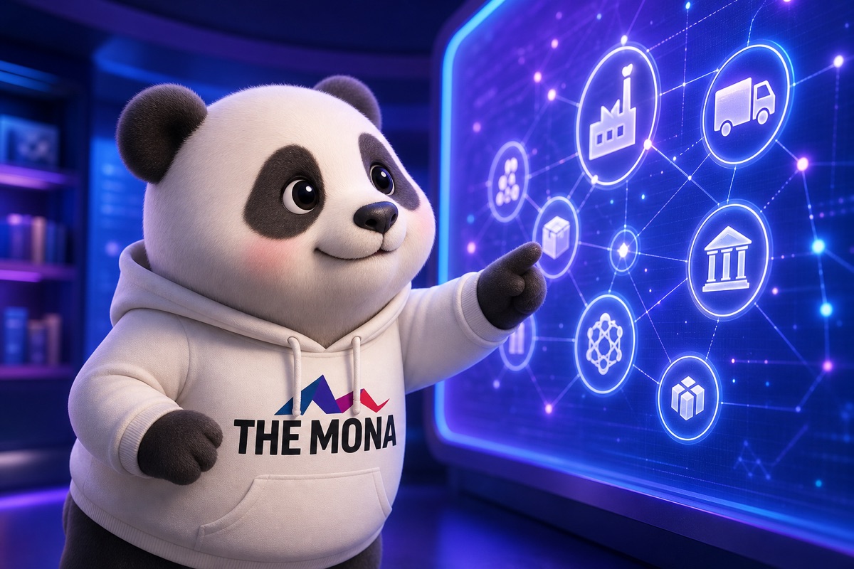 Góc nhìn qua vai gấu MONA, vui vẻ nhìn màn hình hiển thị các biểu tượng ngành nghề đa dạng, thể hiện tiềm năng tự động hóa.