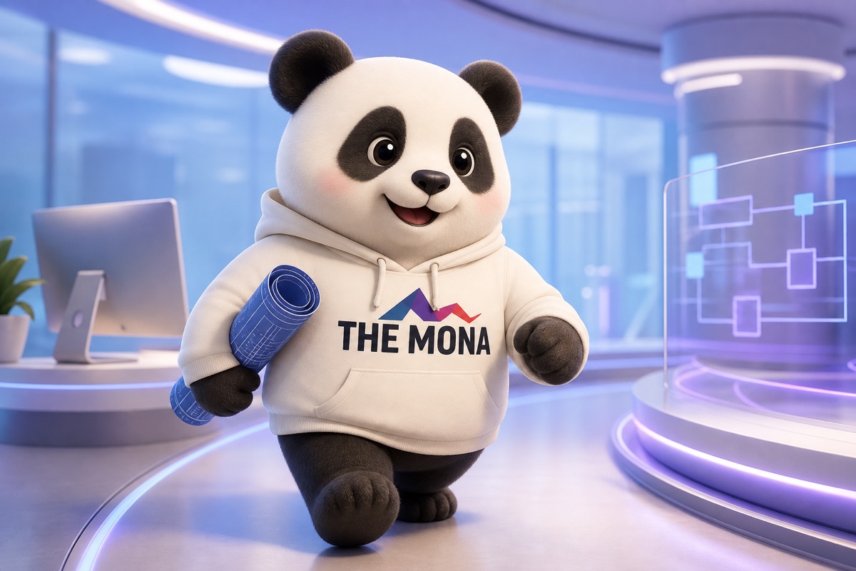Gấu MONA quyết tâm bước đi, cầm bản thiết kế tự động hóa trong không gian làm việc hiện đại, sẵn sàng triển khai.